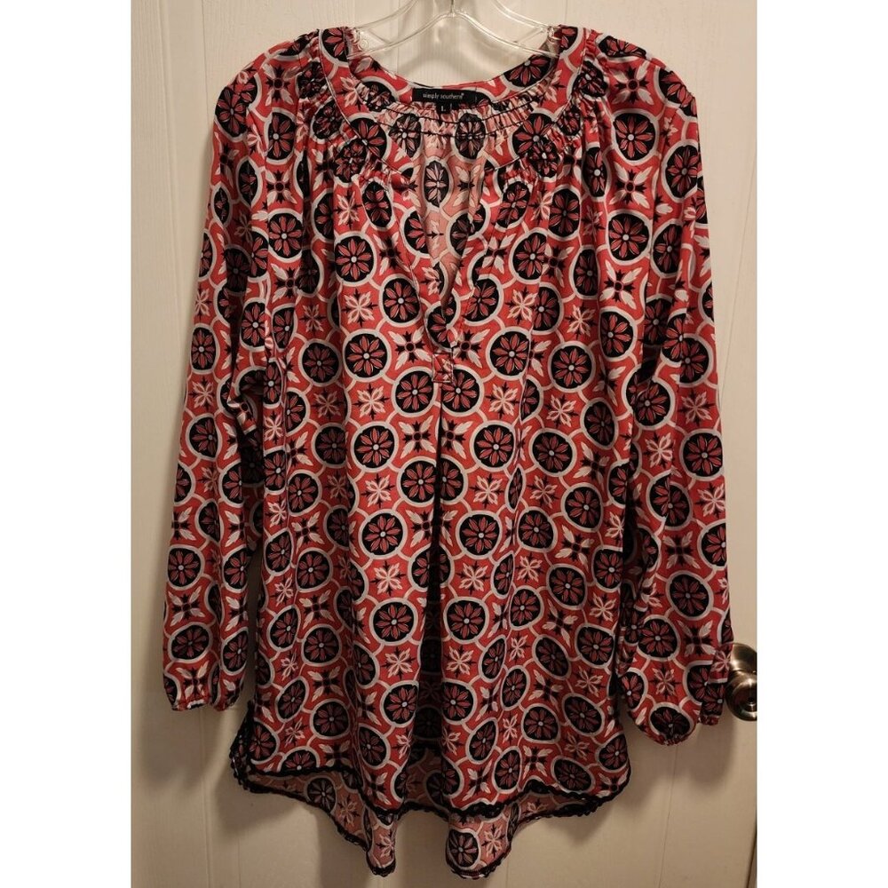 Simply Southern Women's Long Sleeve V Neck Popover Tunic Blouse Top Polyester L